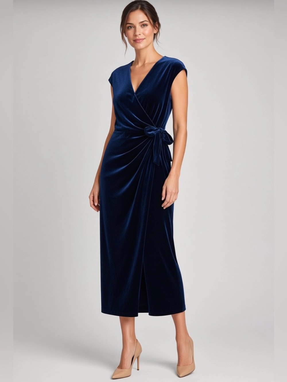 Maggie London Blue Velvet Wrap Midi Dress with Side Tie